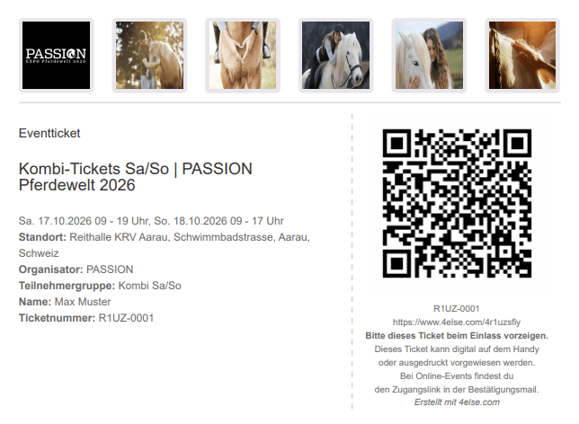 Beispiel eines 4else-Tickets: Kombi-Ticket für die PASSION Pferdewelt 2026 mit Eventbildern, Angaben zum Anlass und QR-Code für den Einlass